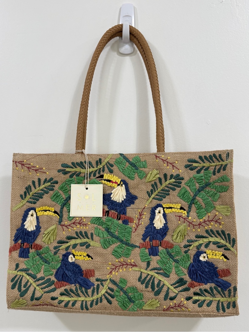 Embroidered Toucan Tote Bag in Natural jute canvas brand new